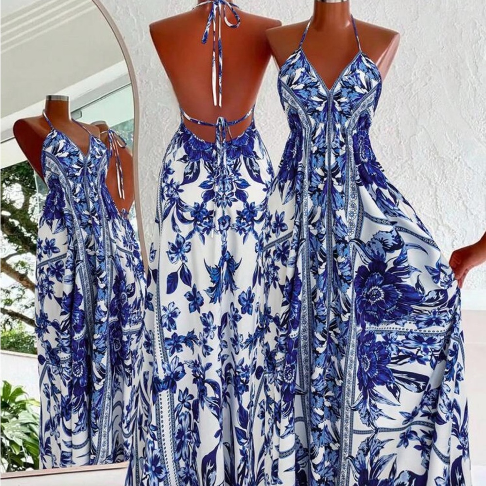 Elegant Blue Floral Halter Maxi Dress